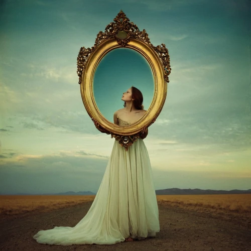 magic mirror,mirror in the meadow,the mirror,parabolic mirror,conceptual photography,mirror frame,miroir,crystal ball-photography,mirror of souls,outside mirror,wedding frame,golden frame,circle shape frame,art deco frame,looking glass,mystical portrait of a girl,mirror,inauthenticity,gold frame,art nouveau frame,Photography,Artistic Photography,Artistic Photography 14