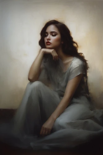 woman sitting,heatherley,girl in cloth,depressed woman,mystical portrait of a girl,girl with cloth,pictorialist,oil painting,bergersen,nightdress,young woman,delaroche,melodrama,praying woman,oil painting on canvas,romantic portrait,portrait of a girl,habanera,isolde,white lady,Conceptual Art,Oil color,Oil Color 11