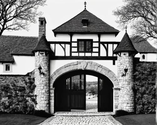 agecroft,elizabethan manor house,gatehouses,tixall gateway,littlecote,rufford,lychgate,gainesway,cecilienhof,maymont,bendemeer estates,domaine,wood gate,gregynog,holsten gate,gawsworth,stables,wriothesley,brabazon,baddesley,Illustration,Black and White,Black and White 33