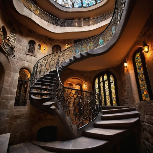 spiral staircase,staircase,winding staircase,circular staircase,spiral stairs,staircases,outside staircase,stone stairs,stone stairway,winding steps,escalera,stairway,stairwell,gaudi,guell,stairways,escaleras,stairwells,stair,cochere,Illustration,Abstract Fantasy,Abstract Fantasy 18