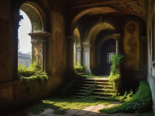 hall of the fallen,abandoned place,ruins,labyrinthian,doorways,ruin,abandoned places,lost place,theed,the threshold of the house,archways,mausoleum ruins,moss landscape,hallway,passageway,lostplace,overgrowth,verdant,abandoned,sanctuary,Art,Classical Oil Painting,Classical Oil Painting 09