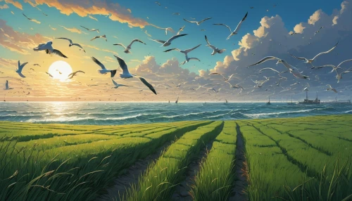 bird migration,seagulls,flock of birds,hoshihananomia,landscape background,coastal landscape,migratory birds,sea landscape,sea birds,dubbeldam,flying birds,birds in flight,birds flying,seagulls flock,bird kingdom,bird island,flying seeds,wheat field,ricefield,gulls,Illustration,Realistic Fantasy,Realistic Fantasy 12