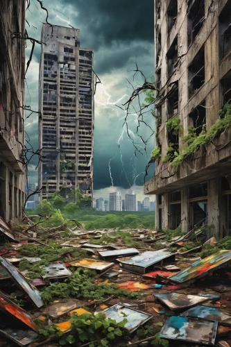 post-apocalyptic landscape,post apocalyptic,destroyed city,apocalyptic,environmental destruction,photo manipulation,doomsday,ecocide,anthropocene,unsustainable,cloverland,photomanipulation,deregulation,trash land,nature's wrath,world digital painting,cloverfield,postapocalyptic,rapture,end of the world,Illustration,Vector,Vector 07