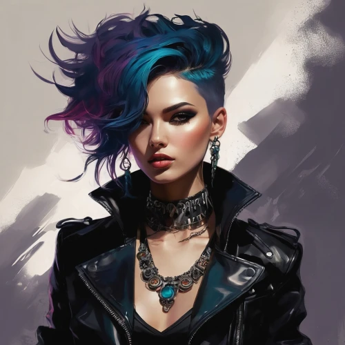 karou,punk,punk design,nyx,jinx,shadowrun,domino,goth woman,vi,evie,sombra,mohawk,maeve,fantasy portrait,pompadour,blue hair,tonks,cyberpunks,vayne,undercut,Conceptual Art,Fantasy,Fantasy 14