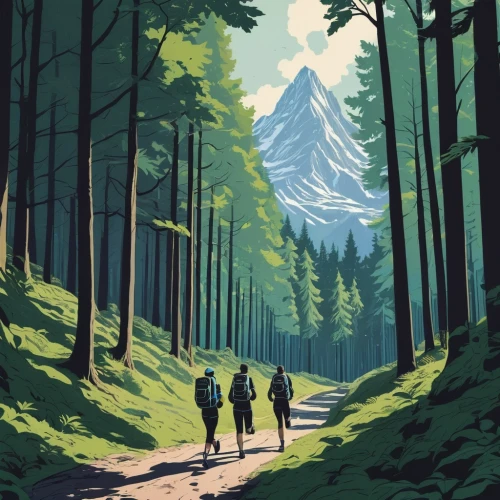 hikers,travel poster,mountains,mountain scene,eiger,forest walk,mountain hiking,mountain,the spirit of the mountains,alpine crossing,schwarzwald,hiking,nargothrond,moutains,hiking path,alpine route,travelers,mountain road,treks,forest road,Illustration,Black and White,Black and White 12