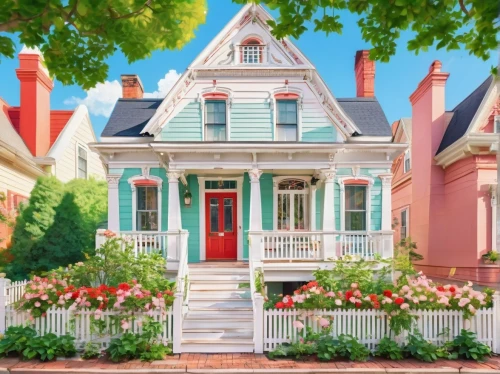 victorian house,houses clipart,old victorian,dreamhouse,victorian,white picket fence,beautiful home,house painting,rowhouse,rowhouses,little house,house insurance,miniature house,weatherboarded,two story house,house shape,doll's house,townhouse,nantucket,summer cottage,Illustration,Japanese style,Japanese Style 02
