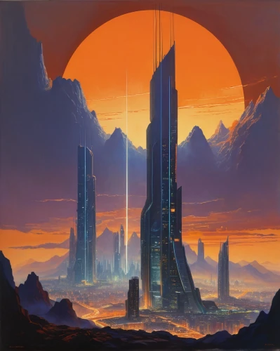 futuristic landscape,monoliths,extrasolar,sulaco,homeworlds,ordos,skyterra,citadels,homeworld,arcology,skylstad,coruscant,skyscrapers,terraform,areopolis,cybercity,barad,sentinels,gallifrey,dystopias,Illustration,Paper based,Paper Based 23