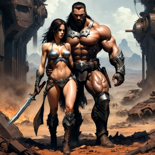 warrior and orc,barbarian,berserkers,barsoom,myrmidons,khal,manowar,supercouple,barret,herculez,heracles,herculean,frazetta,themyscira,spartans,turok,gladiators,female warrior,hyborian,megalon,Conceptual Art,Fantasy,Fantasy 33