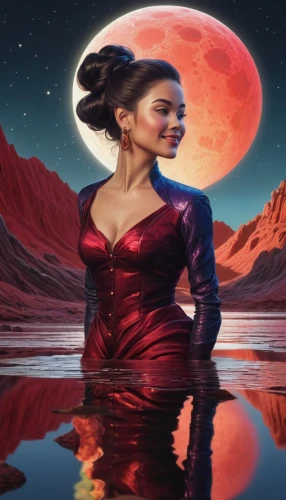 inanna,lady in red,red planet,barsoom,fantasy picture,scarlet witch,photo manipulation,xandria,lunar eclipse,violinist violinist of the moon,moondragon,photomanipulation,red tunic,image manipulation,photoshop manipulation,moonda,moondance,selene,man in red dress,moon and star background,Conceptual Art,Sci-Fi,Sci-Fi 20