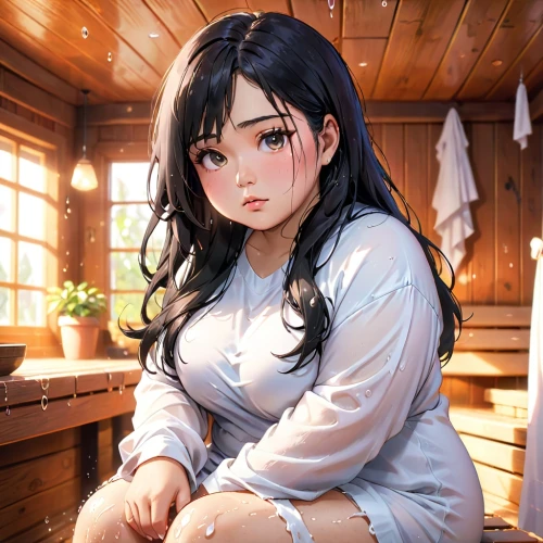 dia,sauna,saunas,worried girl,kuchel,bathrobe,shimei,mei,yumei,girl sitting,white clothing,rinko,bocchi,yanmei,tiribocchi,minmei,yukata,yongmei,hikikomori,longmei,Anime,Anime,Cartoon