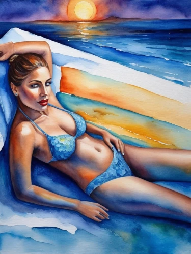watercolor pin up,beach towel,watercolor painting,oil painting,photo painting,donsky,airbrush,art painting,pin-up girl,beach landscape,oil painting on canvas,photorealist,glass painting,beach background,watercolor blue,beachgoer,watercolor,pin up girl,beachcomber,girl on the boat,Illustration,Paper based,Paper Based 24
