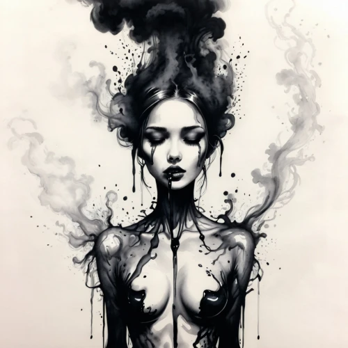 hecate,unseelie,baroness,ink painting,demoness,ashes,smoke dancer,combustion,vodun,alecto,converge,enchantress,the enchantress,inviolate,conjure,fire eater,lilith,dryad,persephone,ignited,Illustration,Black and White,Black and White 34