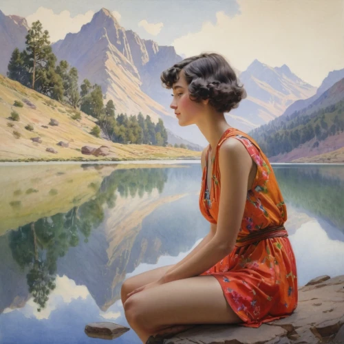 heatherley,girl on the river,vettriano,woman sitting,donsky,world digital painting,nestruev,tretchikoff,photorealist,girl with tree,girl sitting,young woman,chudinov,girl in a long,oil painting,woman thinking,colville,vintage art,rahimov,retro woman,Illustration,Paper based,Paper Based 23