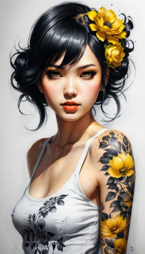 geisha girl,tattoo girl,viveros,cheongsam,flower painting,oriental girl,painted lady,yellow rose background,sunflower lace background,geisha,yellow petals,girl in flowers,lotus art drawing,japanese art,lotus tattoo,derivable,world digital painting,japanese floral background,sunflowers,sunflower coloring,Conceptual Art,Fantasy,Fantasy 03