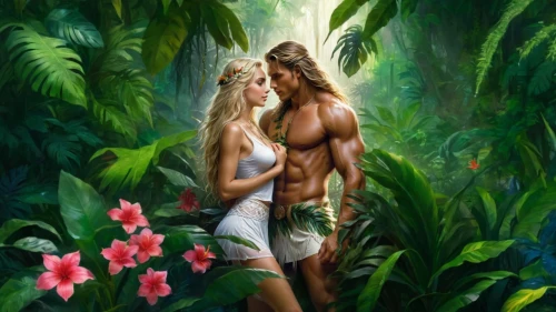 adam and eve,garden of eden,romantic scene,fantasy picture,girl and boy outdoor,cairenes,secret garden of venus,young couple,tarzan,tropical forest,nature and man,fantasy art,romantic portrait,nature love,pareja,coconut perfume,black couple,tropicals,junglee,forest background