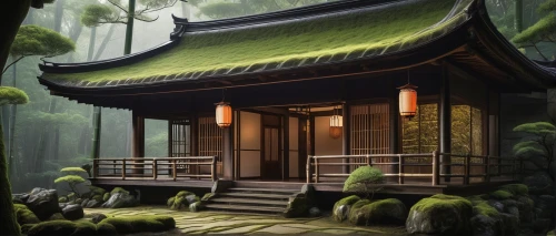 teahouse,dojo,ryokan,asian architecture,teahouses,japanese-style room,world digital painting,bamboo forest,japanese shrine,longhouse,wooden hut,house in the forest,wooden house,japanese art,golden pavilion,japanese background,ancient house,wooden roof,japan landscape,the golden pavilion,Illustration,Black and White,Black and White 13