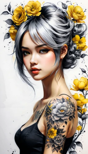 tattoo girl,yellow rose background,viveros,sunflower lace background,derivable,widow flower,tattoos,tattooist,tatoos,tattoed,girl in flowers,tattooists,karou,flower girl,yellow roses,tattoo artist,beautiful girl with flowers,tattooing,flower painting,black-eyed susanne,Conceptual Art,Fantasy,Fantasy 03