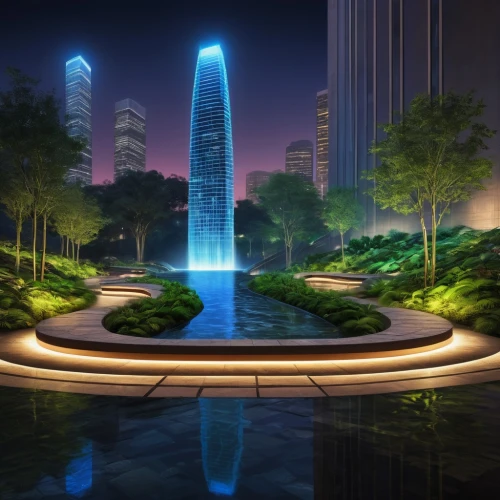 futuristic landscape,city fountain,arcology,dubay,songdo,futuristic architecture,decorative fountains,fountains,ringworld,fountain of friendship of peoples,supertall,cybercity,water feature,guangzhou,zordon,dubai garden glow,fountain pond,monoliths,waterplace,the park at night,Illustration,Vector,Vector 15