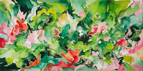 watercolor leaves,watermelon painting,gouache,abstract painting,gum leaves,watercolor floral background,pink green,rosebushes,caladium,background ivy,kudzu,coral bush,floral composition,abstract flowers,watercolor paint strokes,watercolor background,fauvism,fuchsias,flower painting,foliage coloring,Conceptual Art,Oil color,Oil Color 18