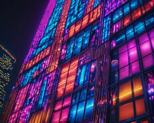 colored lights,colorful facade,colorful city,colorful light,tetris,glass building,glass facades,luminato,ctbuh,tribute in lights,technicolour,guangzhou,colorful glass,glass facade,vivid sydney,technicolor,pc tower,intense colours,neons,flavin,Illustration,Realistic Fantasy,Realistic Fantasy 38