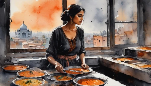tagine,girl in the kitchen,watercolor paris,indian food,woman at cafe,tandoor,calcutta,indian spices,watercolor cafe,mediterranean cuisine,spice market,curries,amala,spice souk,cuisines,cucina,misal,watercolor painting,soosai,world digital painting,Illustration,Paper based,Paper Based 05