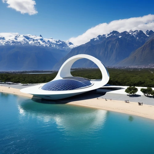 futuristic architecture,futuristic landscape,infinity swimming pool,floating island,seasteading,floating stage,hovercraft,floating islands,futuristic art museum,sky space concept,island suspended,floating huts,hovercrafts,south island,skycycle,artificial islands,beach furniture,water sofa,cube stilt houses,3d rendering,Photography,General,Realistic