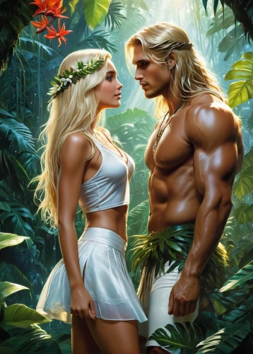 adam and eve,garden of eden,amazonians,fantasy picture,tarzan,cairenes,fantasy art,herculean,mirin,kamandi,romantic scene,elfquest,supercouple,beautiful couple,pareja,lyor,romantic portrait,parejas,contra,polynesians,Conceptual Art,Fantasy,Fantasy 12