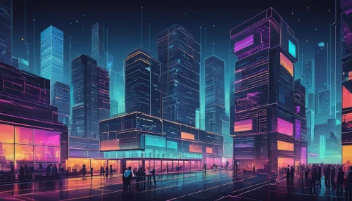 cybercity,colorful city,cityscape,cybertown,cyberport,metropolis,cyberscene,hypermodern,futuristic landscape,cyberpunk,cityzen,city at night,cyberia,fantasy city,80's design,synth,cities,futuristic,noncorporate,microdistrict,Conceptual Art,Sci-Fi,Sci-Fi 12