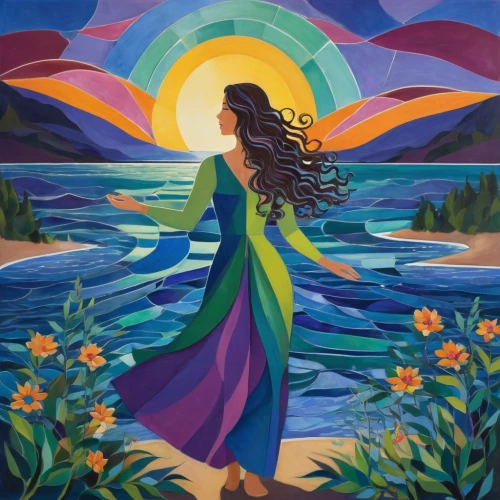 dubbeldam,mother earth,girl on the river,spring equinox,indigenous painting,anishinabe,mousseau,anishinaabeg,dreamtime,oshun,amphitrite,ariadne,girl in a long dress,woman at the well,anishinaabe,tantoo,carol colman,summer solstice,ojibway,oil painting on canvas,Art,Artistic Painting,Artistic Painting 44