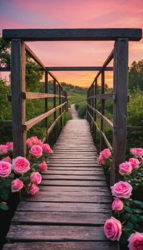 wooden bridge,landscape rose,scenic bridge,rose pink colors,nature wallpaper,pink dawn,way of the roses,walkway,splendor of flowers,flower background,nature background,pink roses,flower in sunset,wooden path,pink flowers,pathway,background view nature,landscapes beautiful,flower wallpaper,pink water lilies,Photography,Documentary Photography,Documentary Photography 01