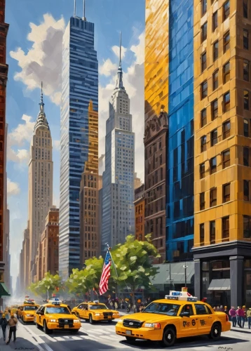 world digital painting,city scape,cityscapes,newyork,new york,skyscrapers,new york taxi,taxicabs,new york streets,manhattan,tall buildings,new york skyline,tishman,city buildings,megapolis,cityscape,nyclu,big apple,chrysler building,megacities,Conceptual Art,Oil color,Oil Color 22