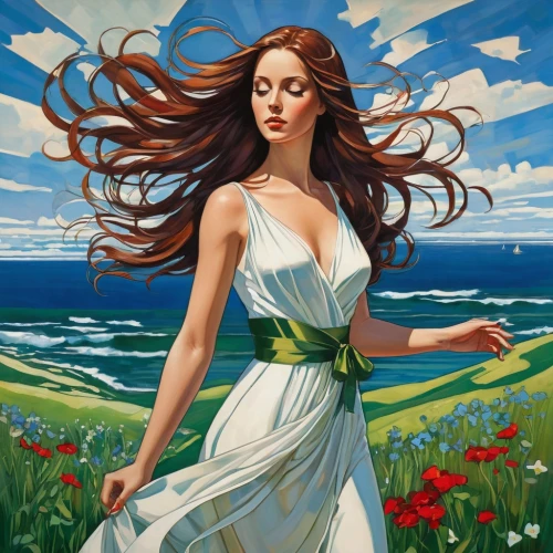 windblown,the wind from the sea,amphitrite,windswept,girl in a long dress,little girl in wind,summerwind,celtic woman,windy,persephone,the sea maid,ariadne,aphrodite,viento,wind,mediterranee,primavera,armonica,margairaz,by the sea,Art,Artistic Painting,Artistic Painting 44
