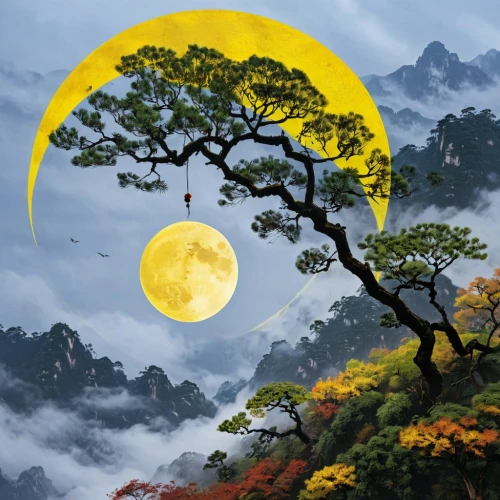 moon and foliage,moon and star background,huangshan,chuseok,hanging moon,nature background,landscape background,lunar landscape,nature wallpaper,huangshan mountains,moonlit night,wudang,moon in the clouds,moonrise,fantasy picture,full moon,moon at night,japanese mountains,moonesinghe,moondragon,Conceptual Art,Oil color,Oil Color 08