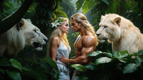 lionesses,centaurs,garden of eden,fantasy picture,lions couple,she feeds the lion,aslan,adam and eve,sauros,orishas,white lion family,fauns,junglee,leonine,mythologie,heracles,tarzan,white lion,jungles,hylas