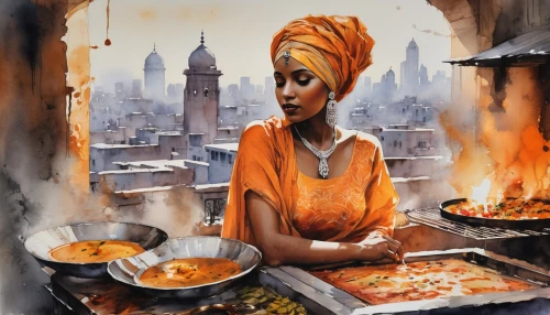 tandoori,cooking book cover,tandoor,paella,lohri,world digital painting,girl in the kitchen,african woman,amala,chicken tikka,chillianwala,indian food,suya,nigeria woman,diasporan,bahian cuisine,harissa,calcutta,sikhanyiso,fatoumata,Illustration,Realistic Fantasy,Realistic Fantasy 21