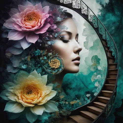 girl on the stairs,spiral staircase,way of the roses,fractals art,secret garden of venus,winding steps,stairways,fantasy art,stairway,stairwell,faery,rose wreath,staircase,dreamscapes,viveros,blue moon rose,winding staircase,fantasy picture,mystical portrait of a girl,enchantment,Photography,Artistic Photography,Artistic Photography 06