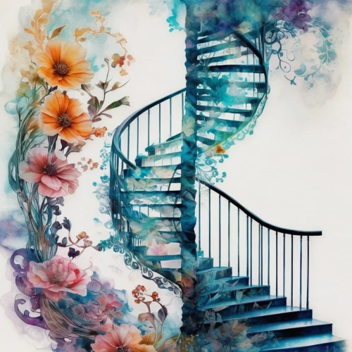 watercolor floral background,watercolor background,stairways,stairway,watercolor wreath,staircase,winding steps,spiral staircase,stairway to heaven,stair,stairs to heaven,winding staircase,watercolor flowers,heavenly ladder,stairs,staircases,escaleras,watercolor painting,stairwell,watercolor,Photography,Artistic Photography,Artistic Photography 07