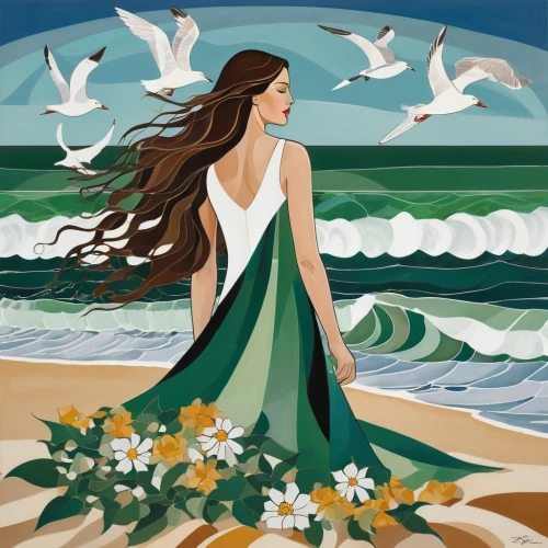 mermaid background,sirene,the wind from the sea,amphitrite,ofili,celtic woman,diwata,the sea maid,ariadne,imbolc,spring equinox,ondine,dove of peace,hesperides,art deco woman,beach background,birds of the sea,celtic queen,flower and bird illustration,art deco background,Art,Artistic Painting,Artistic Painting 44