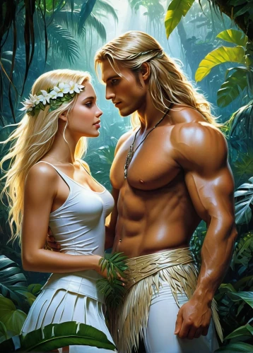 adam and eve,amazonians,fantasy picture,garden of eden,fantasy art,orishas,cairenes,polynesians,porus,beautiful couple,elfquest,pareja,centaurs,tarzan,loincloths,man and wife,hylas,romantic scene,man and woman,loincloth,Conceptual Art,Fantasy,Fantasy 12