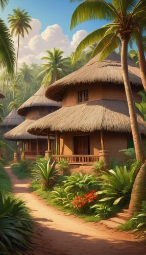 tropical house,tropical island,coconut trees,tropical beach,polynesian,polynesia,cartoon video game background,palmtrees,tropical forest,coconut palms,kanaloa,palm leaves,palm pasture,palm trees,palm forest,tropical jungle,palm tree,tropics,coconut palm tree,tambu,Art,Classical Oil Painting,Classical Oil Painting 27