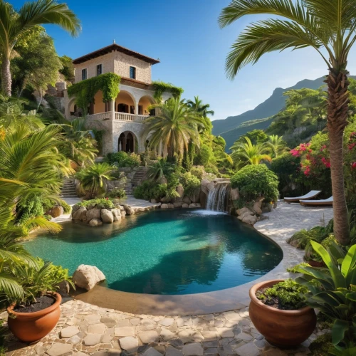 pool house,provencal,holiday villa,portofino,beautiful home,hacienda,luxury home,luxury property,tropical house,palm garden,provencal life,idyllic,house in the mountains,dorne,south france,house in mountains,home landscape,palmilla,casabella,tropical island,Photography,General,Realistic