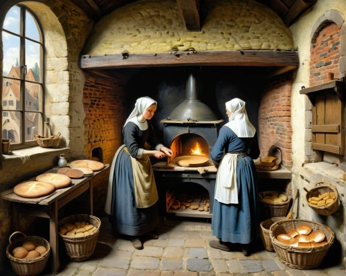 breadmaking,nuns,ovens,boulangerie,hildebrandt,basketmakers,protestants,deaconesses,puritans,restorers,foundresses,the annunciation,bakery,cookery,kitchen interior,handmaidens,noblewomen,cucina,annunciation,candlemas,Art,Classical Oil Painting,Classical Oil Painting 41
