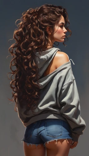 donsky,digital painting,jean shorts,jean jacket,world digital painting,hand digital painting,croft,girl from behind,pelo,girl from the back,gioeli,fujiko,overpainting,candela,woman's backside,longhaired,jeans background,witchblade,high jeans,joumana,Conceptual Art,Fantasy,Fantasy 15
