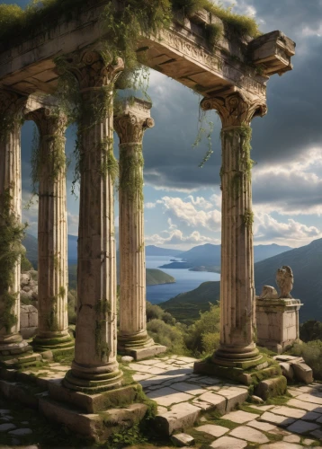 greek temple,delphi,pillars,artemis temple,hellas,erechtheus,ephesus,temple of diana,doric columns,temple of hercules,ancients,pergamon,messene,ancient city,ancient ruins,the ruins of the,the ancient world,metapontum,three pillars,priene,Art,Classical Oil Painting,Classical Oil Painting 12