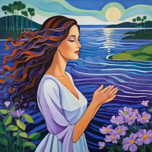 girl on the river,diwata,amphitrite,hermia,art painting,praying woman,ninfa,ariadne,imbolc,idyll,oil painting on canvas,woman praying,mousseau,dreamtime,girl on the boat,flower painting,ofelia,woman at the well,serene,ophelia,Art,Artistic Painting,Artistic Painting 44