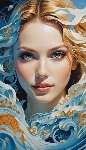 amphitrite,fluidity,the sea maid,naiad,ondine,sirene,the blonde in the river,buoyant,acqua,flowing water,oil painting on canvas,the wind from the sea,water waves,sea water splash,fathom,hydrodynamic,underwater background,waterkeeper,atlantica,art painting,Illustration,Paper based,Paper Based 12