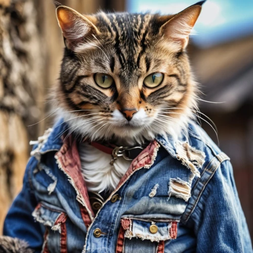 street cat,vintage cat,cat warrior,tabby cat,breed cat,cat image,cat sparrow,jean jacket,red whiskered bulbull,wild cat,cat look,feline look,young cat,feral cat,domestic cat,toxoplasmosis,bewhiskered,cat european,denim background,brindle cat,Photography,General,Realistic