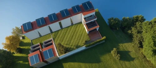 cubic house,cube house,cube stilt houses,grass roof,inverted cottage,modern house,shipping container,3d rendering,sky apartment,sketchup,solar cell base,shipping containers,modern architecture,smart house,voxel,hejduk,cantilevers,mid century house,cantilevered,3d render,Photography,General,Realistic