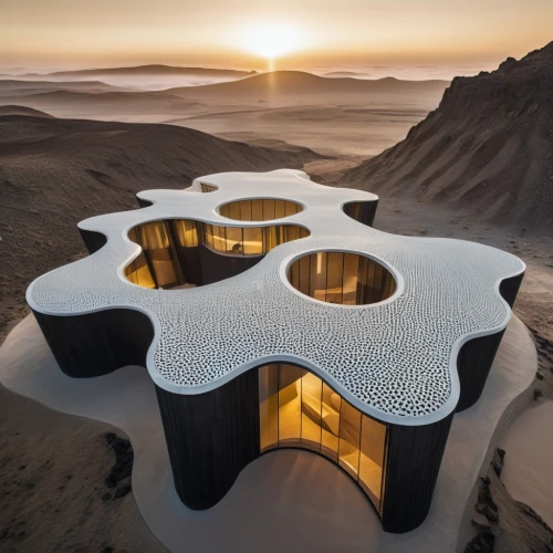 dunes house,futuristic architecture,admer dune,solar cell base,bjarke,islamic architectural,united arab emirates,stone desert,largest hotel in dubai,cube stilt houses,crescent dunes,masdar,flaming mountains,burning man,iranian architecture,cubic house,house of allah,cooling house,futuristic art museum,honeycomb structure,Photography,General,Realistic
