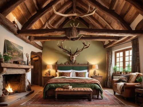 rustic aesthetic,wooden beams,great room,rustic,ornate room,log home,inglenook,sleeping room,guest room,tree house hotel,chambre,coziness,lodge,moose antlers,quarto,log cabin,guestroom,headboards,bedchamber,four poster,Photography,General,Natural